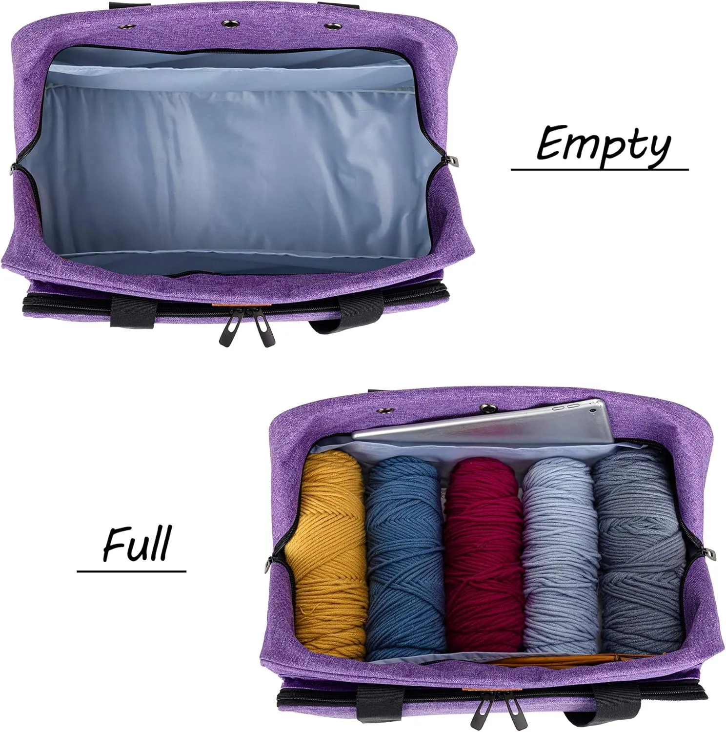 CURMIO Yarn Storage Bag, Knitting Tote Bag For Crochet Hooks, Knitting Project and Accessories, Ideal for Crochet Beginners and Knitting Lovers, Bag Only, Purple