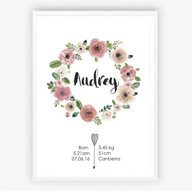 Custom Birth Print for Nursery -Floral Wreath Design