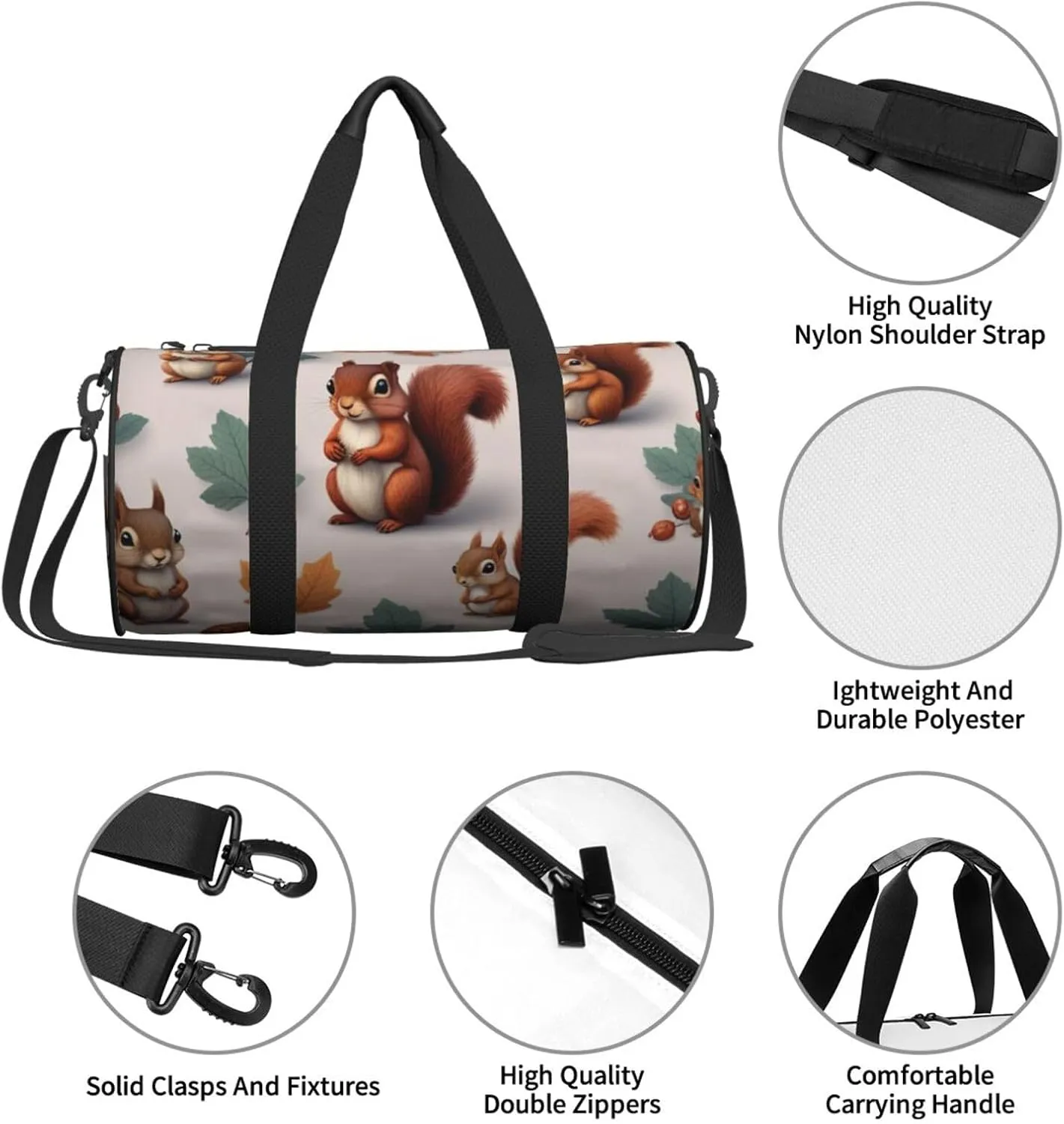 Cute Squirrels Printed Travel Bag,Round Personal Item Storage bag,Foldie Duffel Bag for Traveling Vacation,Fitness,Sports