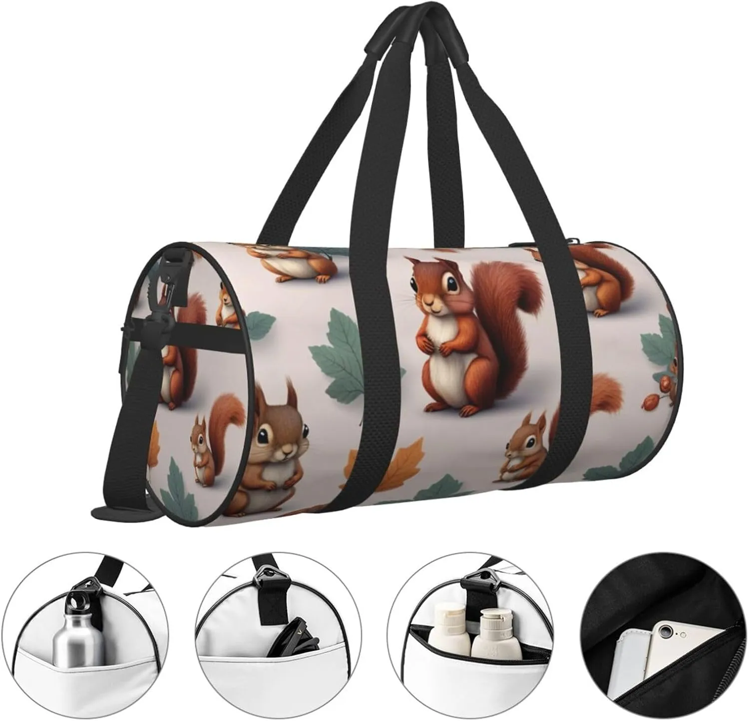 Cute Squirrels Printed Travel Bag,Round Personal Item Storage bag,Foldie Duffel Bag for Traveling Vacation,Fitness,Sports