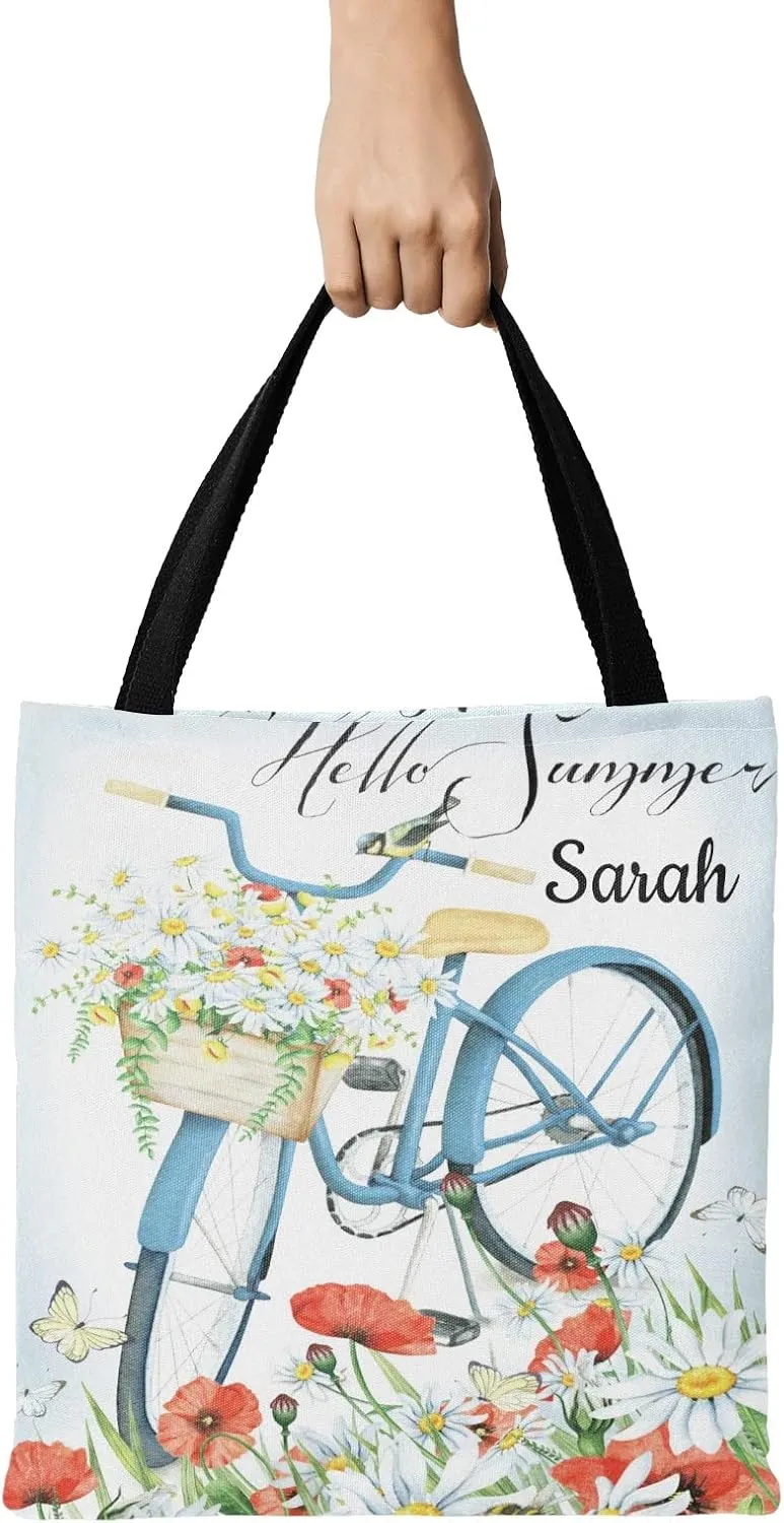 Daisy Vase Flowers Custom Canvas Tote Shopping Bag with Name Text, Personalized Reusable Shoulder Bag for Beach School