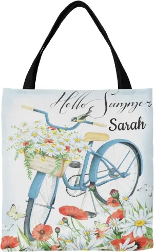 Daisy Vase Flowers Custom Canvas Tote Shopping Bag with Name Text, Personalized Reusable Shoulder Bag for Beach School