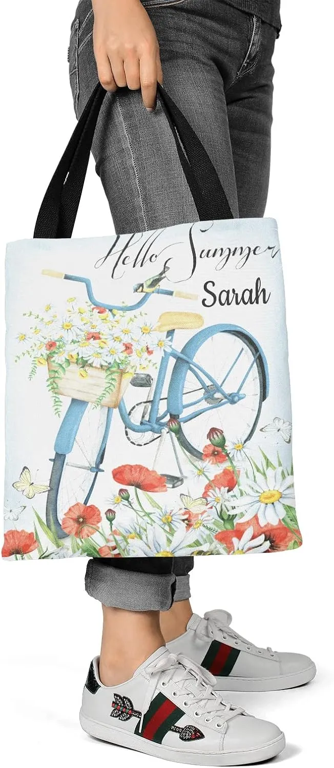Daisy Vase Flowers Custom Canvas Tote Shopping Bag with Name Text, Personalized Reusable Shoulder Bag for Beach School