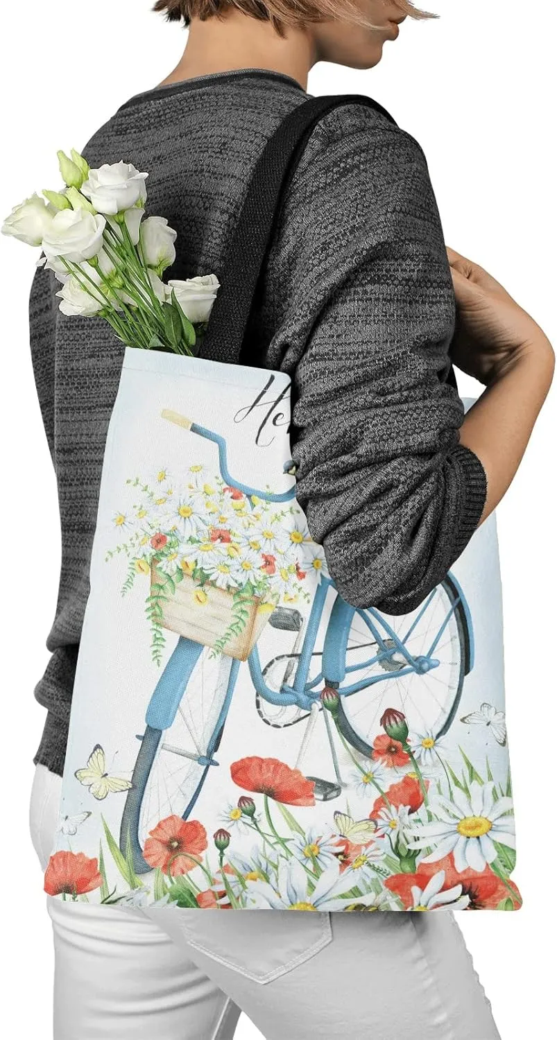 Daisy Vase Flowers Custom Canvas Tote Shopping Bag with Name Text, Personalized Reusable Shoulder Bag for Beach School