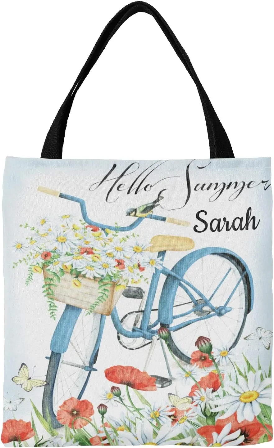 Daisy Vase Flowers Custom Canvas Tote Shopping Bag with Name Text, Personalized Reusable Shoulder Bag for Beach School