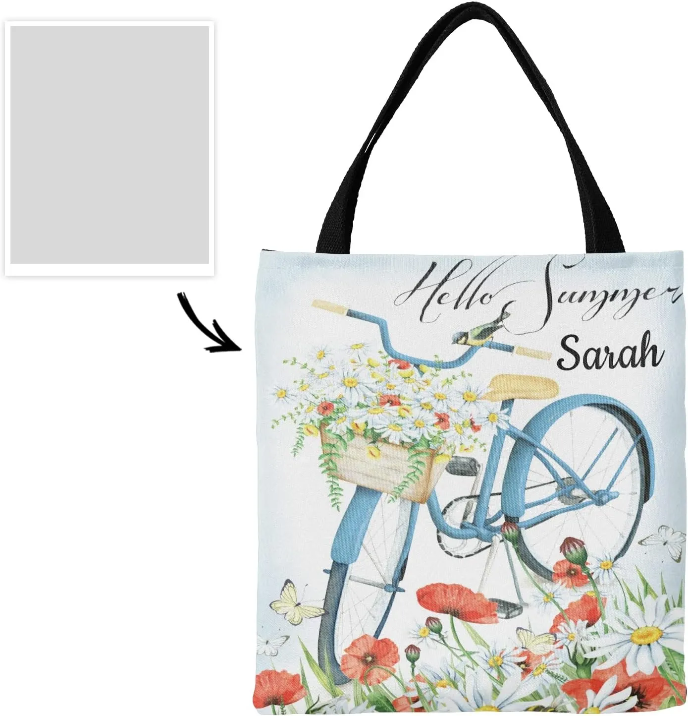 Daisy Vase Flowers Custom Canvas Tote Shopping Bag with Name Text, Personalized Reusable Shoulder Bag for Beach School