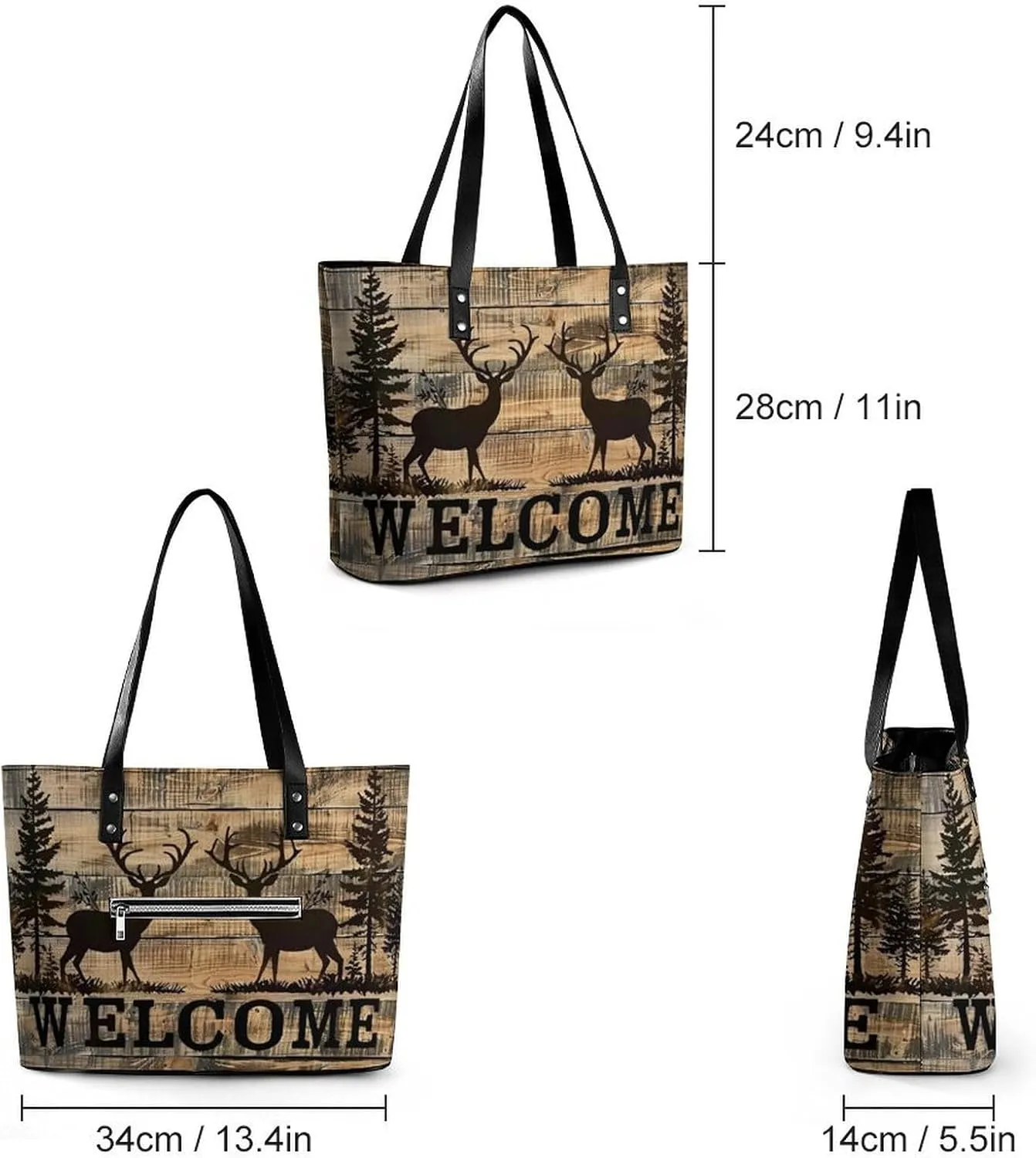 Deer And Pine Tree Silhouette Women Soft Leather Handbags Tote Purses Shoulder Bucket Bags