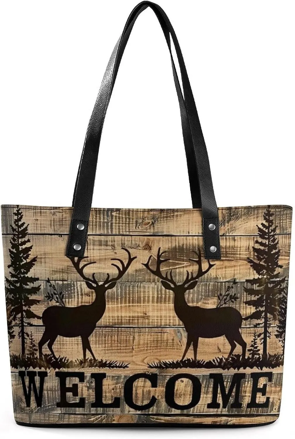Deer And Pine Tree Silhouette Women Soft Leather Handbags Tote Purses Shoulder Bucket Bags