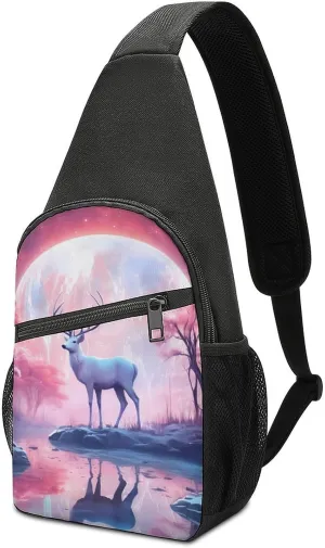 Deer at Moon Night Small Sling Bag Crossbody Bags Casual Chest Bag Daypack for Travel Sports Hiking