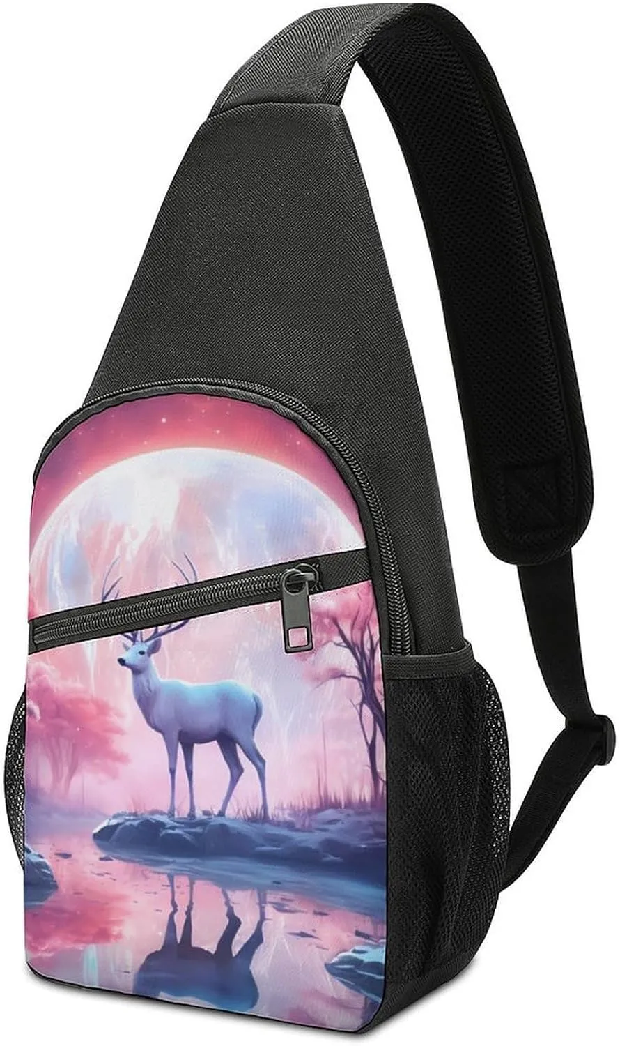 Deer at Moon Night Small Sling Bag Crossbody Bags Casual Chest Bag Daypack for Travel Sports Hiking