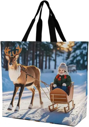 Deer Pulling Happy People Printed Large Capacity Shoulder Handbags Beach Tote Bags Shopping Storage Bag Washable Bag for Women Travel