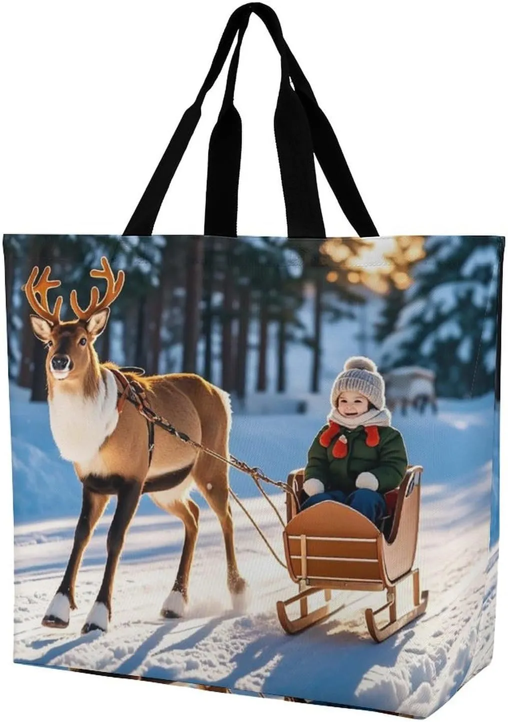 Deer Pulling Happy People Printed Large Capacity Shoulder Handbags Beach Tote Bags Shopping Storage Bag Washable Bag for Women Travel