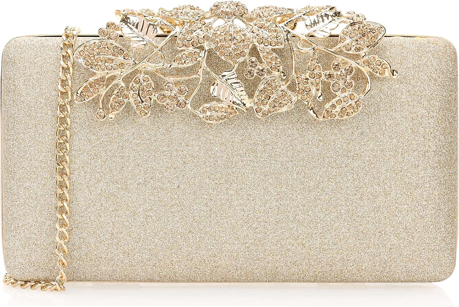 Dexmay Glitter Clutch Bag with Crystal Floral Clasp Women Evening Handbag Formal Party Purse Gold