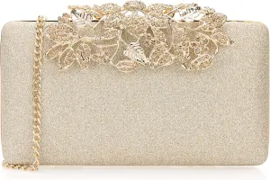 Dexmay Glitter Clutch Bag with Crystal Floral Clasp Women Evening Handbag Formal Party Purse Gold