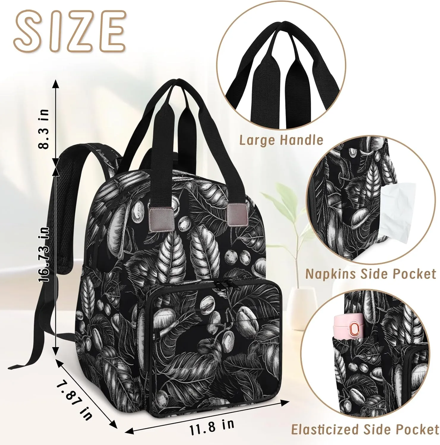 Diaper Bag Backpack Large Capacity, Black Coffee Bean Leaves Nappy Hand Shoulder Bag Mummy Travel Nursing Bags Baby Shower Gifts, with Insulated Pockets and USB Charging Port