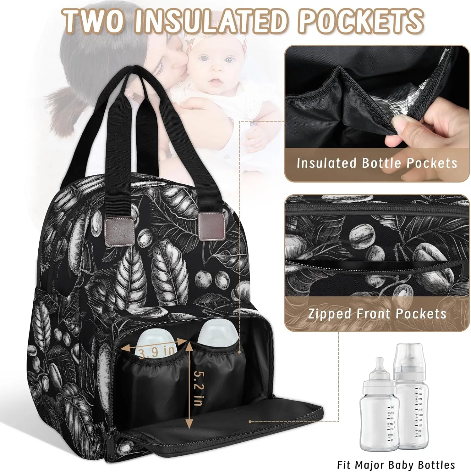 Diaper Bag Backpack Large Capacity, Black Coffee Bean Leaves Nappy Hand Shoulder Bag Mummy Travel Nursing Bags Baby Shower Gifts, with Insulated Pockets and USB Charging Port