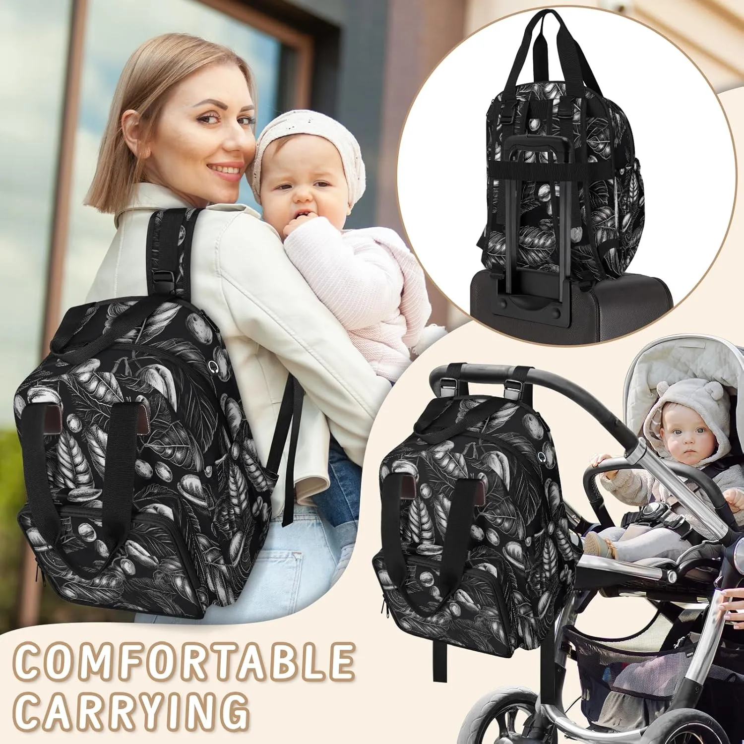Diaper Bag Backpack Large Capacity, Black Coffee Bean Leaves Nappy Hand Shoulder Bag Mummy Travel Nursing Bags Baby Shower Gifts, with Insulated Pockets and USB Charging Port