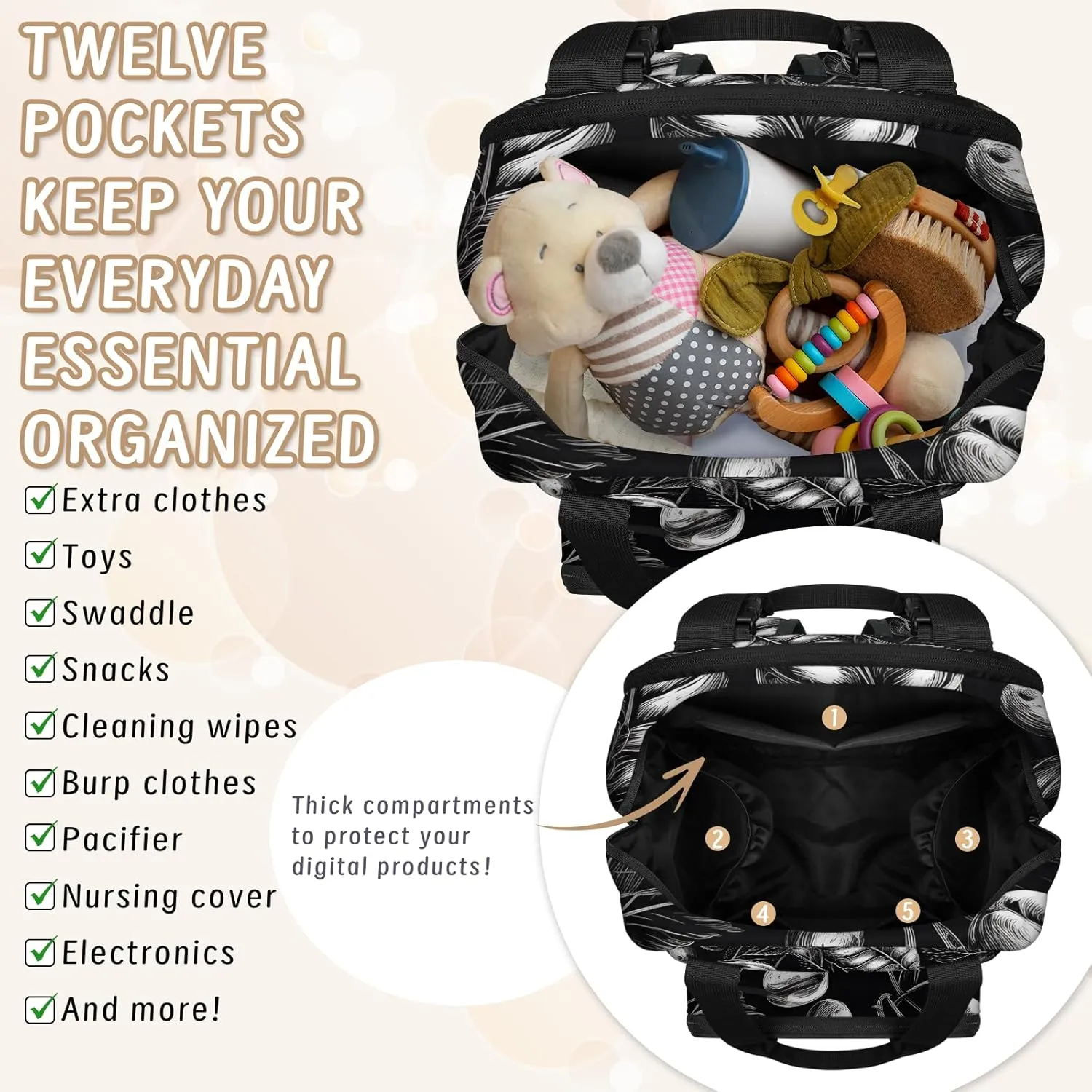 Diaper Bag Backpack Large Capacity, Black Coffee Bean Leaves Nappy Hand Shoulder Bag Mummy Travel Nursing Bags Baby Shower Gifts, with Insulated Pockets and USB Charging Port