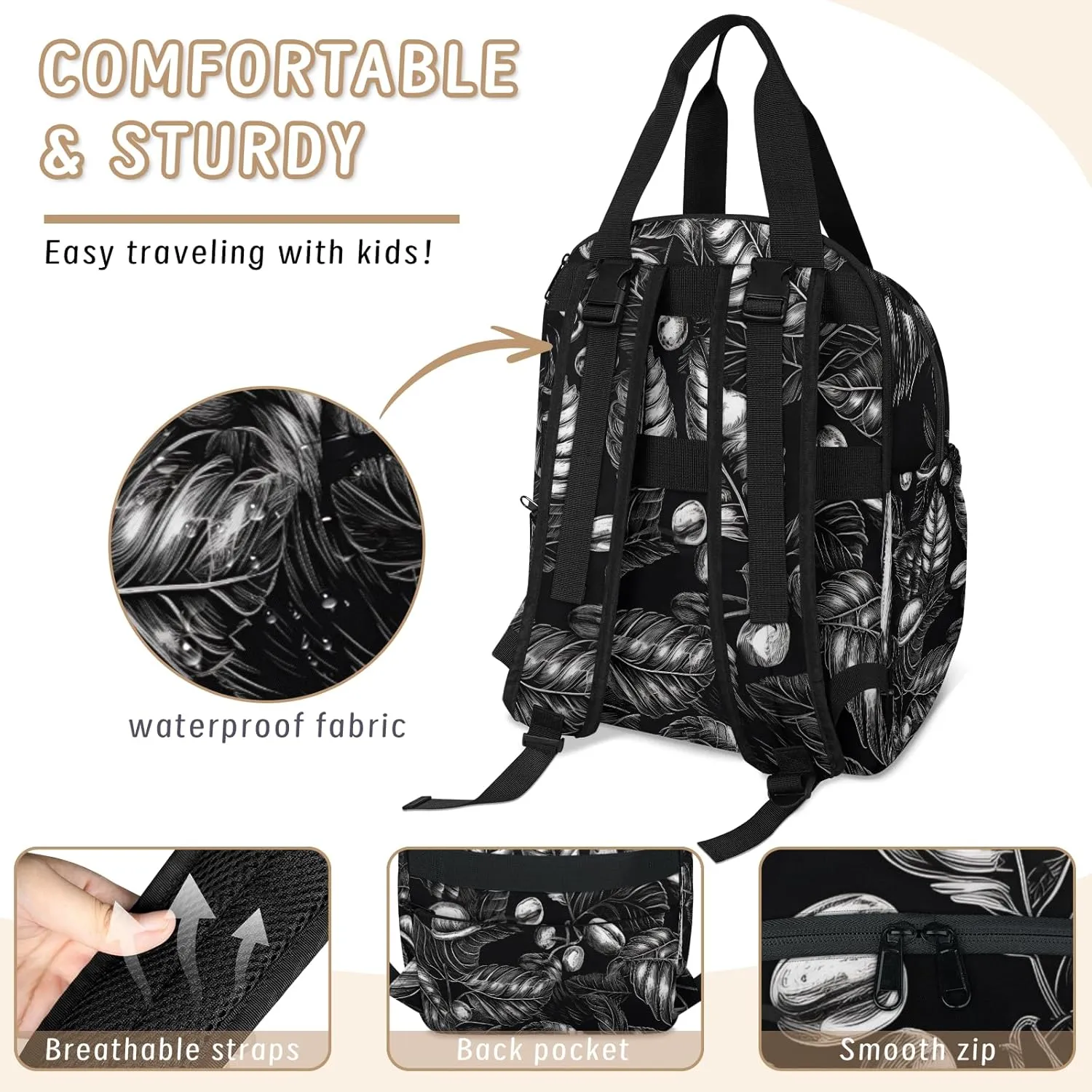 Diaper Bag Backpack Large Capacity, Black Coffee Bean Leaves Nappy Hand Shoulder Bag Mummy Travel Nursing Bags Baby Shower Gifts, with Insulated Pockets and USB Charging Port