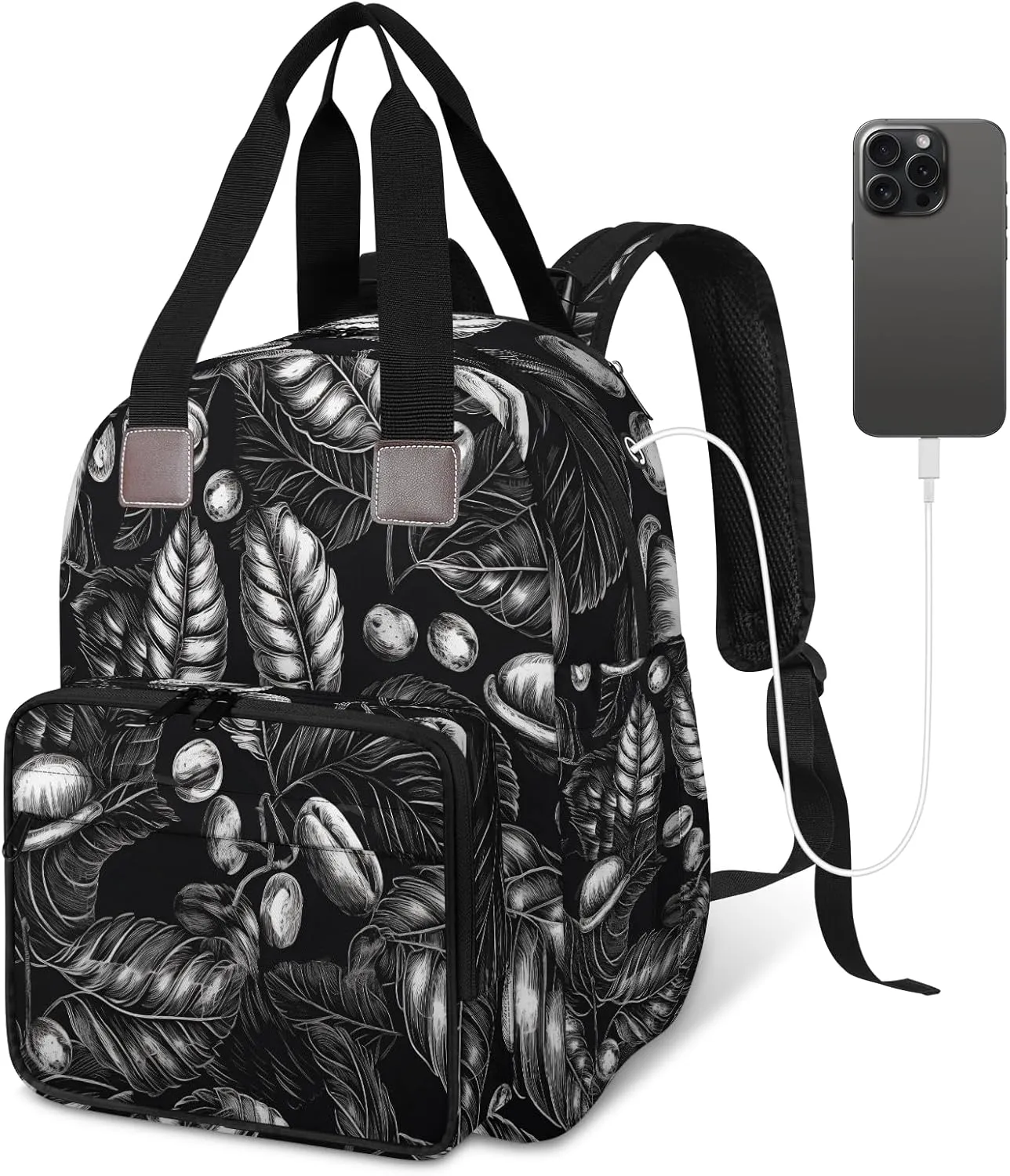 Diaper Bag Backpack Large Capacity, Black Coffee Bean Leaves Nappy Hand Shoulder Bag Mummy Travel Nursing Bags Baby Shower Gifts, with Insulated Pockets and USB Charging Port