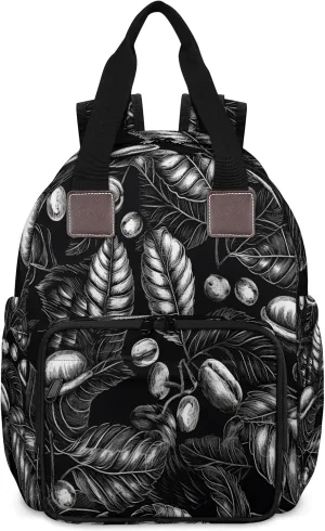 Diaper Bag Backpack Large Capacity, Black Coffee Bean Leaves Nappy Hand Shoulder Bag Mummy Travel Nursing Bags Baby Shower Gifts, with Insulated Pockets and USB Charging Port