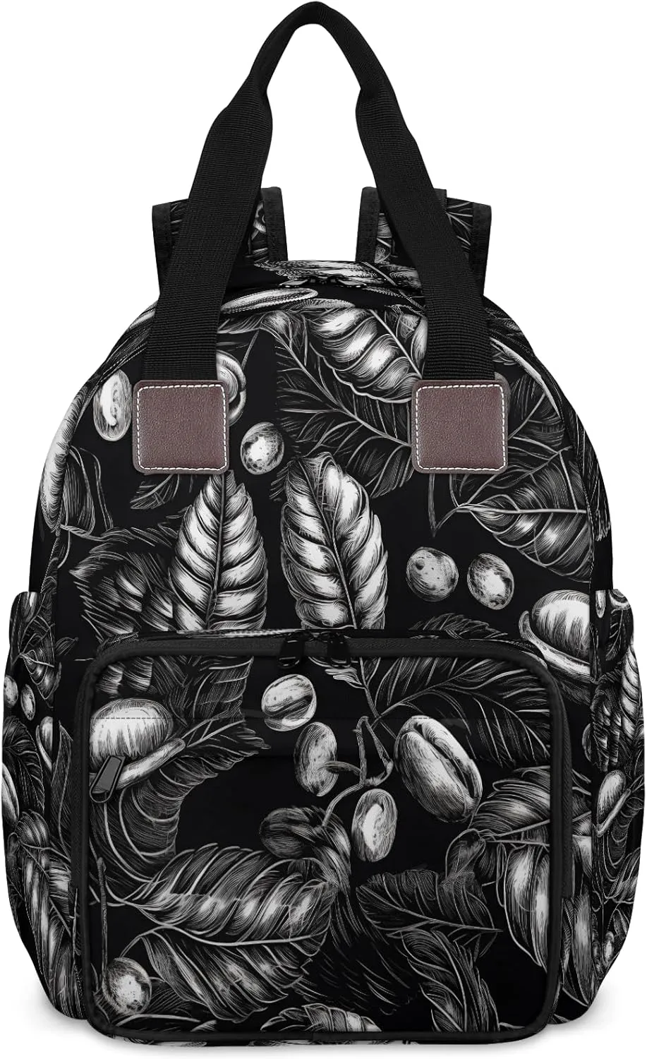 Diaper Bag Backpack Large Capacity, Black Coffee Bean Leaves Nappy Hand Shoulder Bag Mummy Travel Nursing Bags Baby Shower Gifts, with Insulated Pockets and USB Charging Port