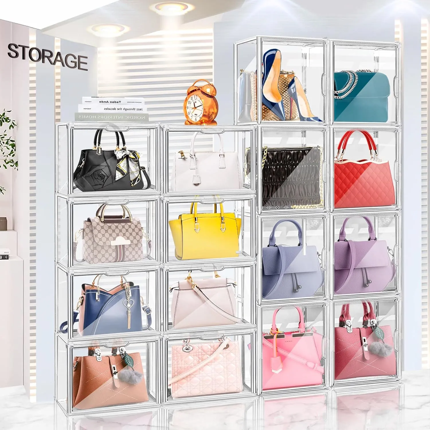 DILIBRA Set of 4 Plastic Purse Storage Organizer for Closet, Acrylic Display Case for Purse and Handbag, Stackable Storage Boxes Organizer with Magnetic Door for Clutch Wallet Book Toys