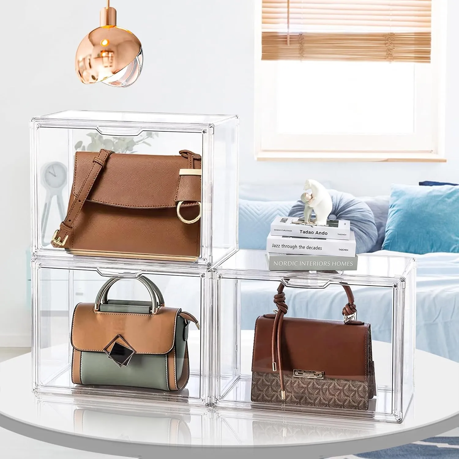 DILIBRA Set of 4 Plastic Purse Storage Organizer for Closet, Acrylic Display Case for Purse and Handbag, Stackable Storage Boxes Organizer with Magnetic Door for Clutch Wallet Book Toys