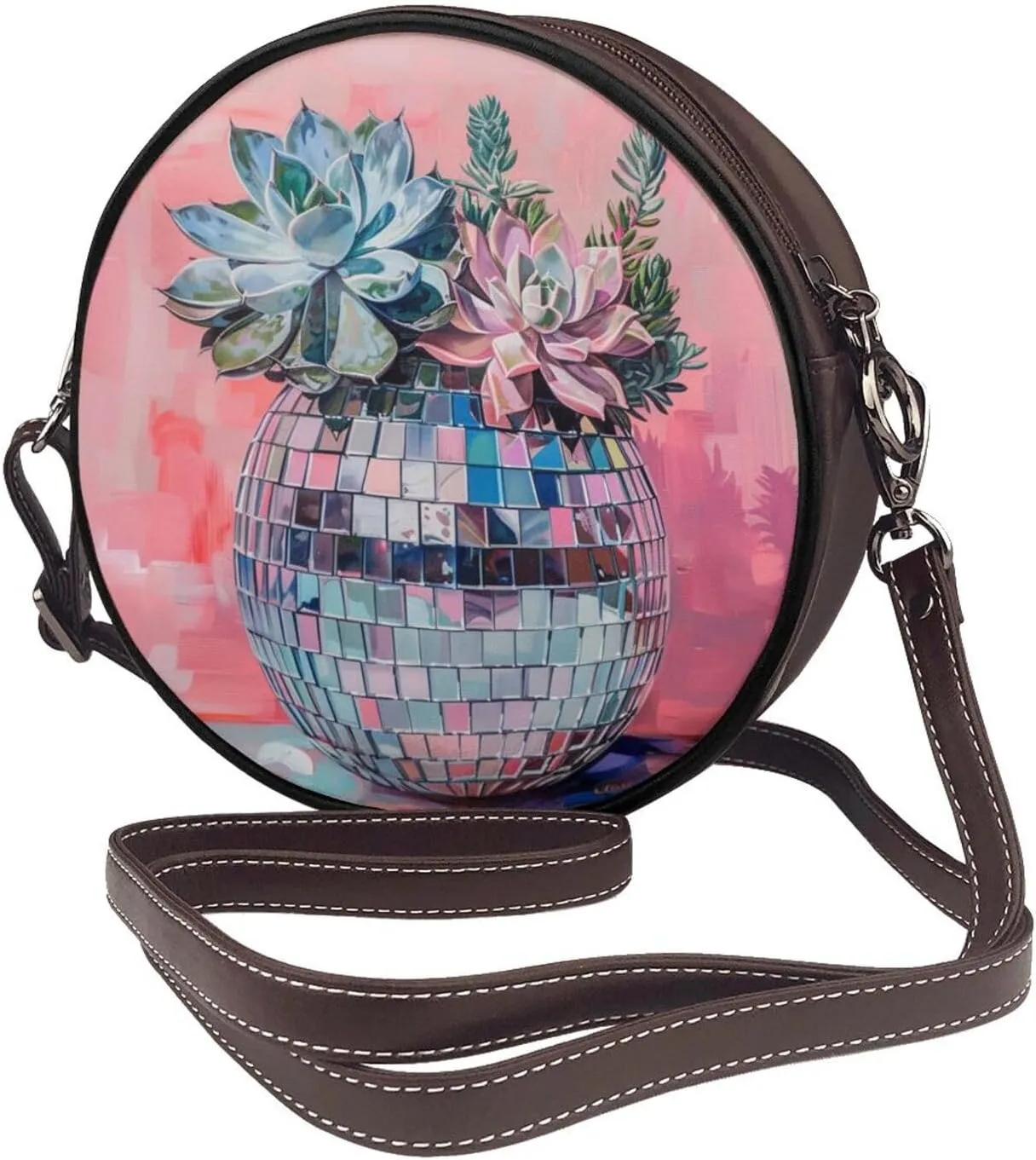 Disco Ball Women Round Crossbody Bags Leather Sling Bag Purse