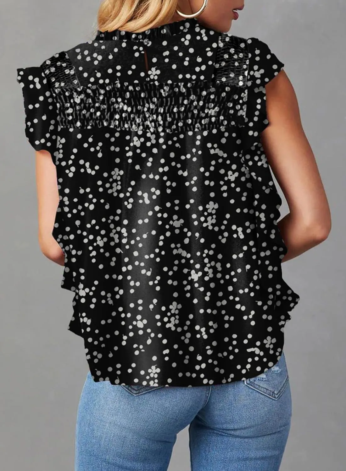 Dokotoo Womens Summer Tops Casual Crewneck Floral Print Shirts Smocked Ruffle Short Sleeve Babydoll Blouses