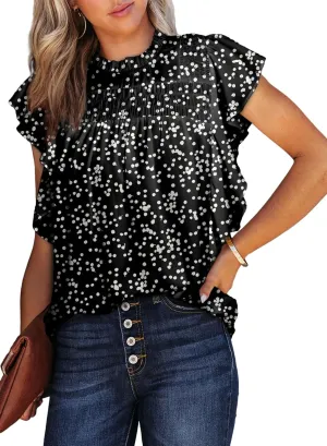 Dokotoo Womens Summer Tops Casual Crewneck Floral Print Shirts Smocked Ruffle Short Sleeve Babydoll Blouses