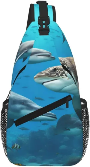 Dolphins Sea Turtle Shark Octopus Coral Reef Fashion Print Crossbody Chest Bag - Adjustable Strap For Hiking And Working