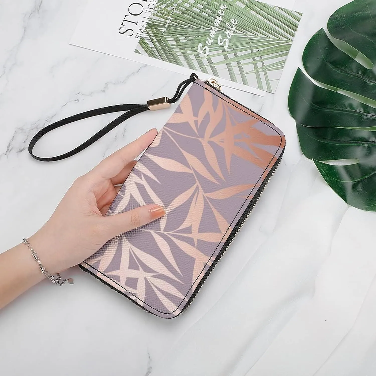 Donnapink Long Clutch Wallet, Long Handbag with Wristlet Strap, PU Leather Zip Purse