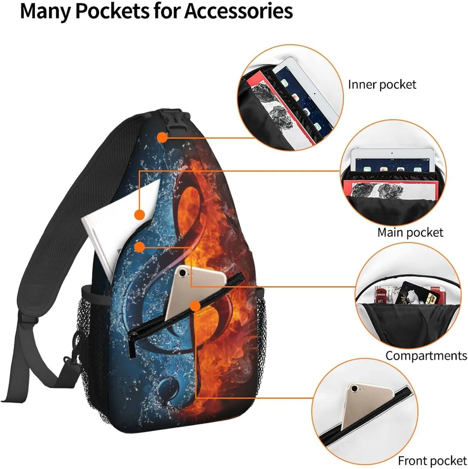 Dujiea Crossbody Backpack For Men Women Sling Bag, Black Water And Fire Note Chest Bag Shoulder Bag Lightweight One Strap Backpack Multipurpose Travel Hiking Daypack