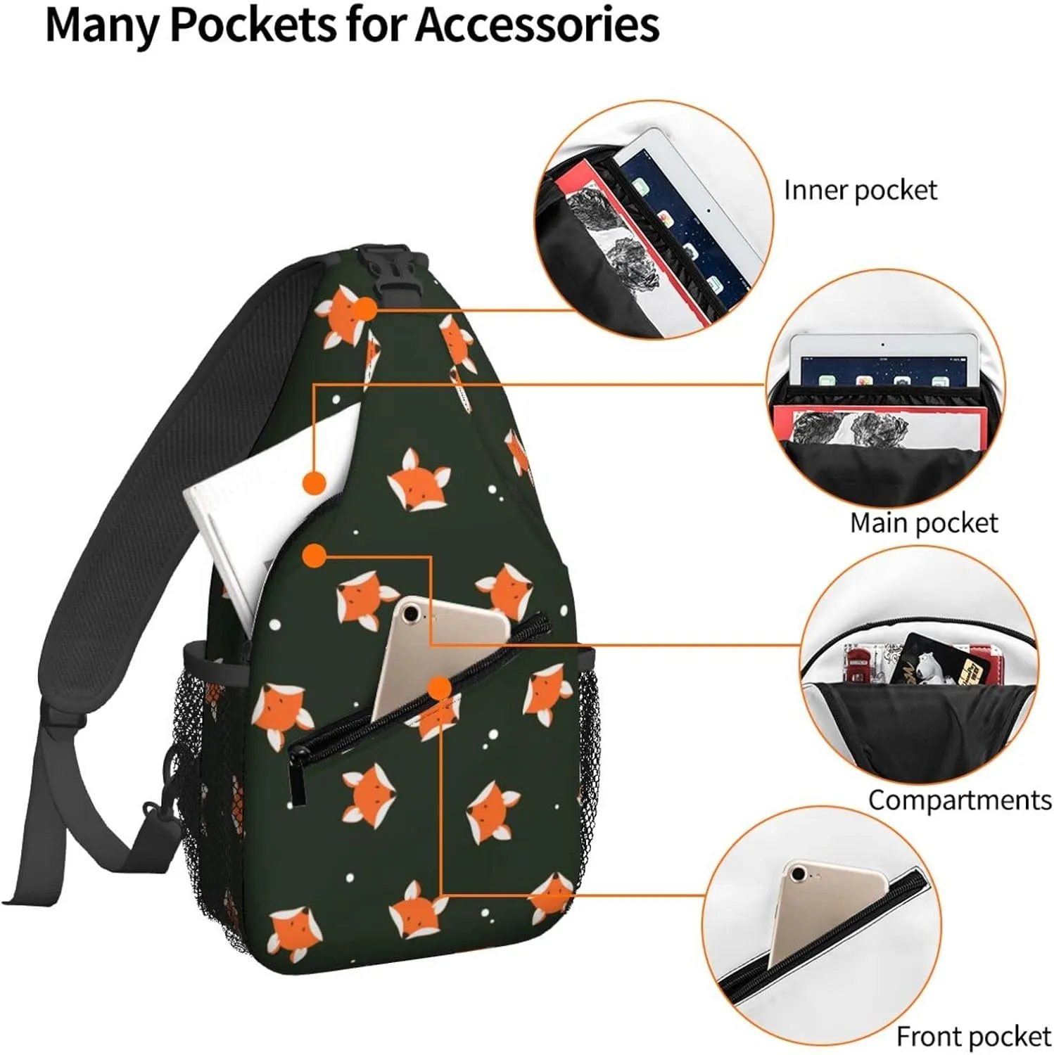 Dujiea Crossbody Backpack For Men Women Sling Bag, Cute Fox Heads Chest Bag Shoulder Bag Lightweight One Strap Backpack Multipurpose Travel Hiking Daypack