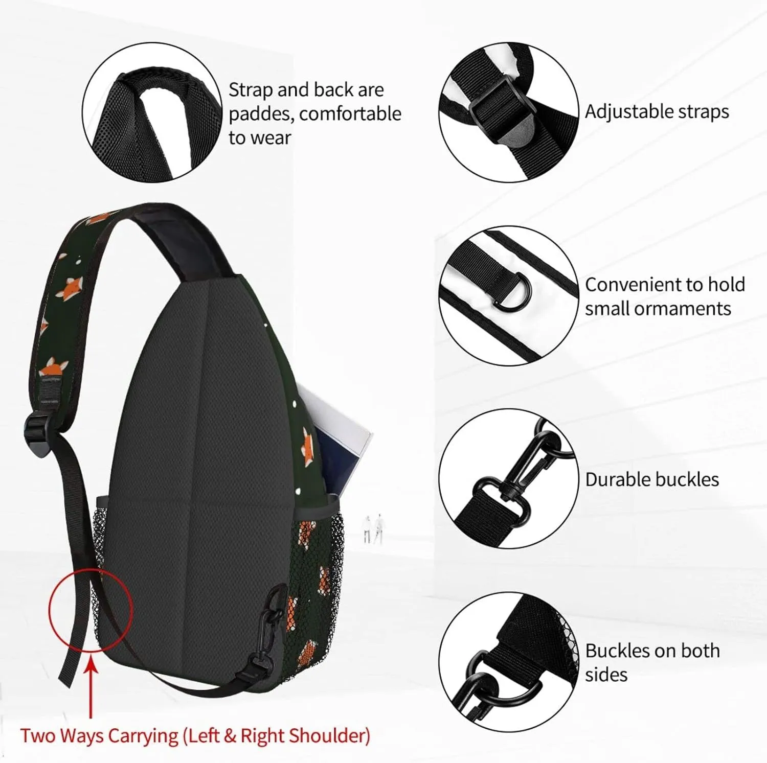 Dujiea Crossbody Backpack For Men Women Sling Bag, Cute Fox Heads Chest Bag Shoulder Bag Lightweight One Strap Backpack Multipurpose Travel Hiking Daypack