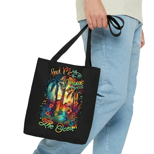 Durable Canvas Tote Bags - FIND ME WHERE THE MUSIC MEETS THE OCEAN GUITAR - Lightweight &amp, High-Capacity Options by EBDR 01220524