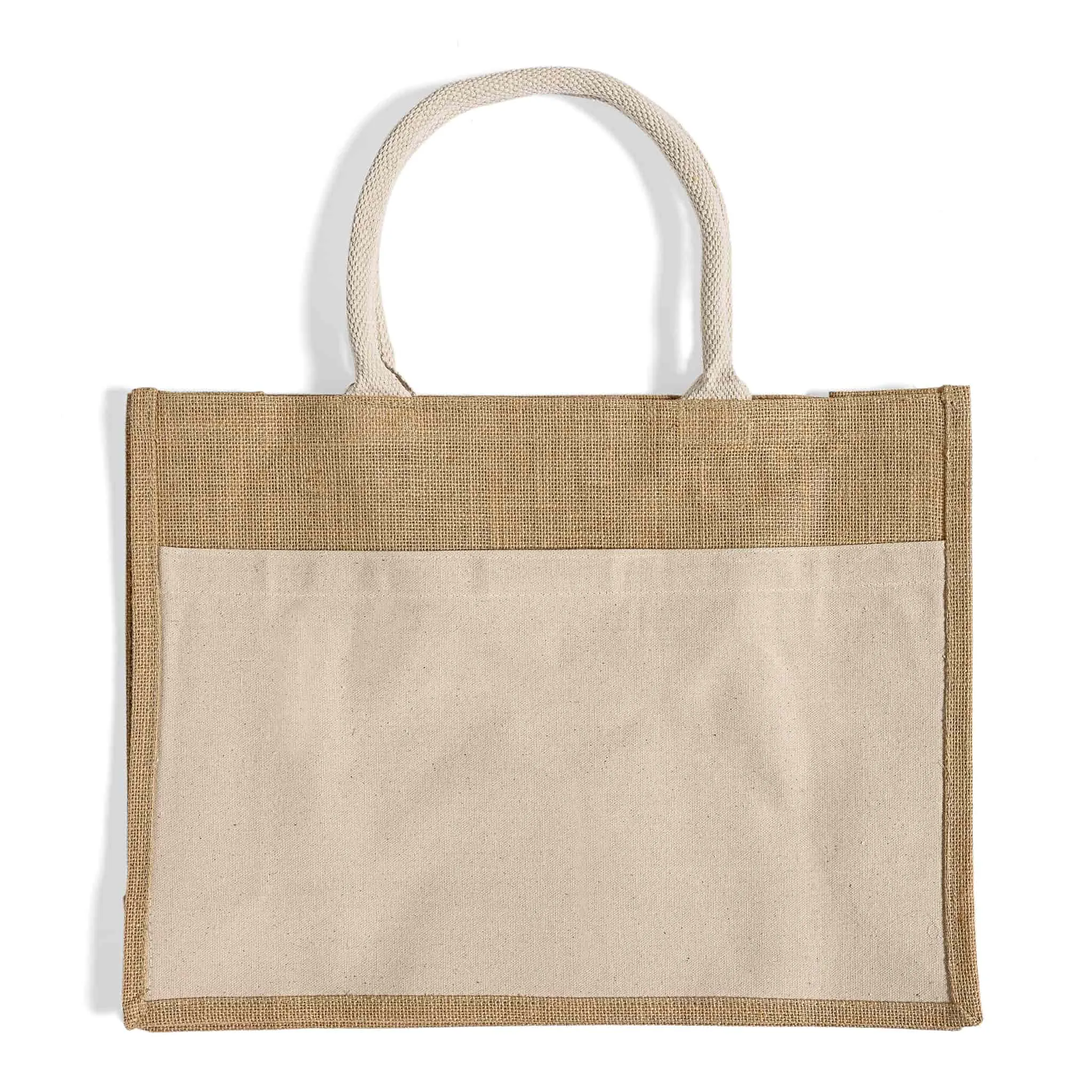 Easy-to-Decorate Jute Tote Bags with Canvas Front Pocket - TJ314
