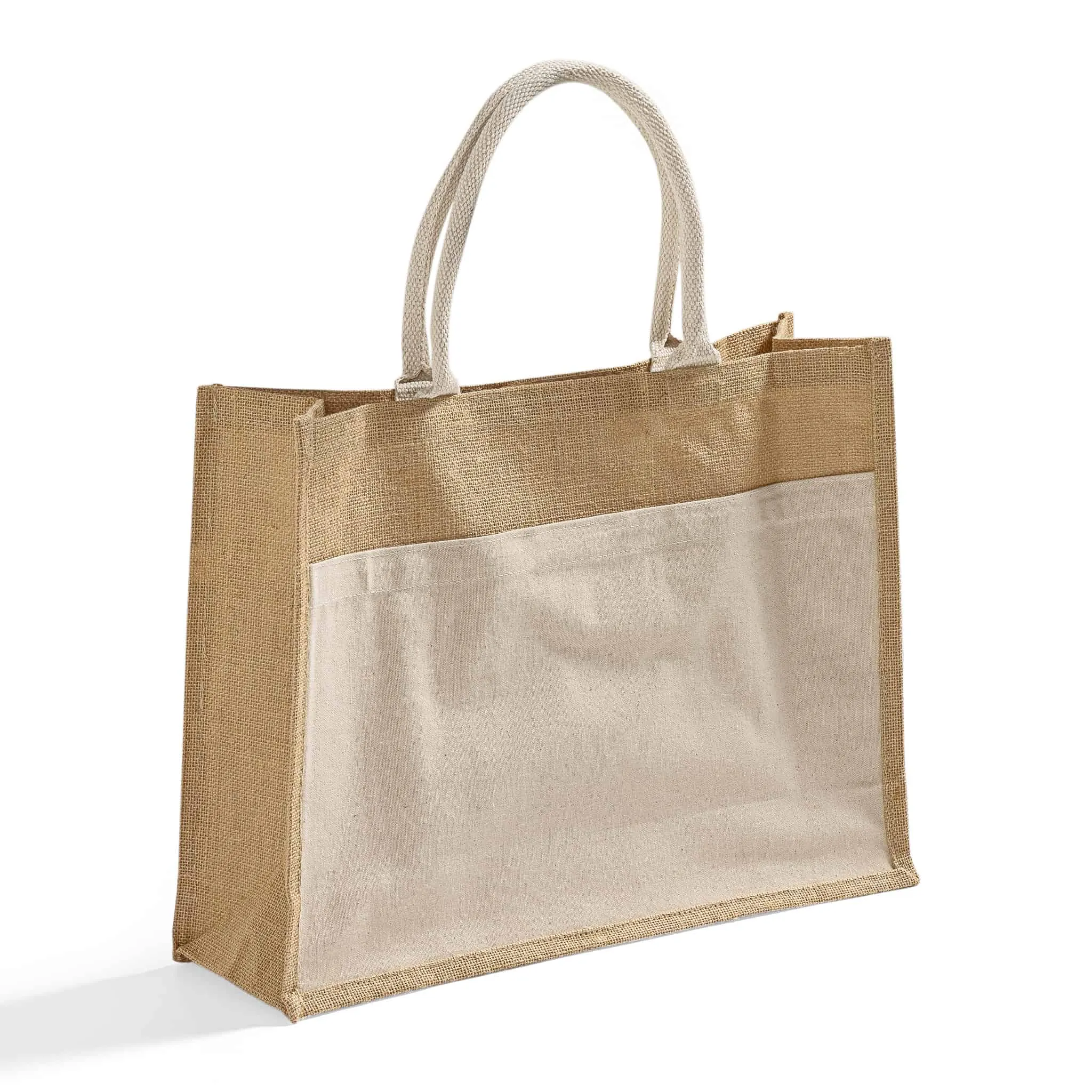 Easy-to-Decorate Jute Tote Bags with Canvas Front Pocket - TJ314