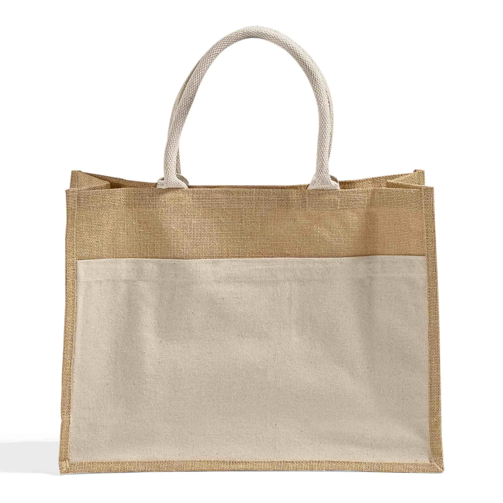 Easy-to-Decorate Jute Tote Bags with Canvas Front Pocket - TJ314