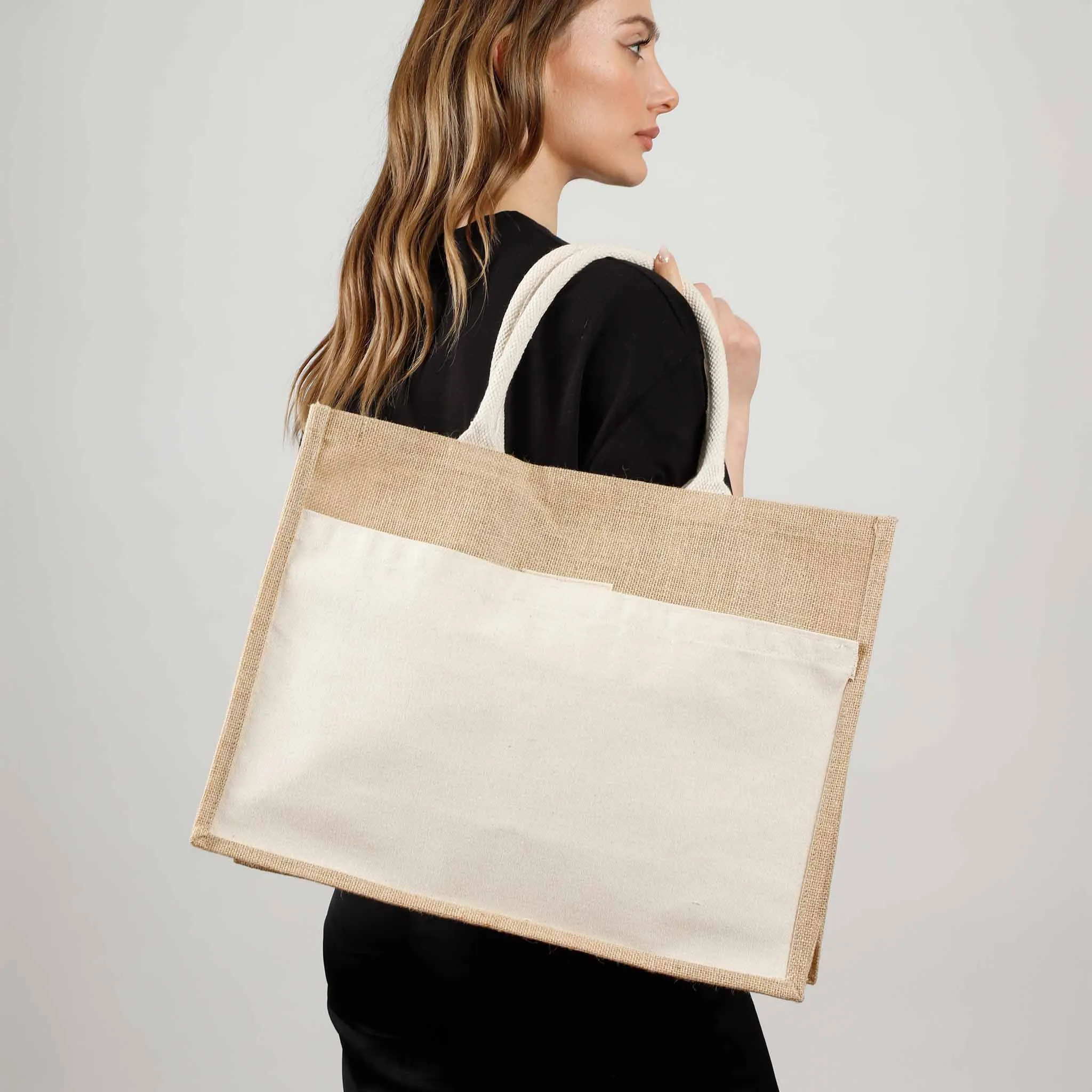 Easy-to-Decorate Jute Tote Bags with Canvas Front Pocket - TJ314