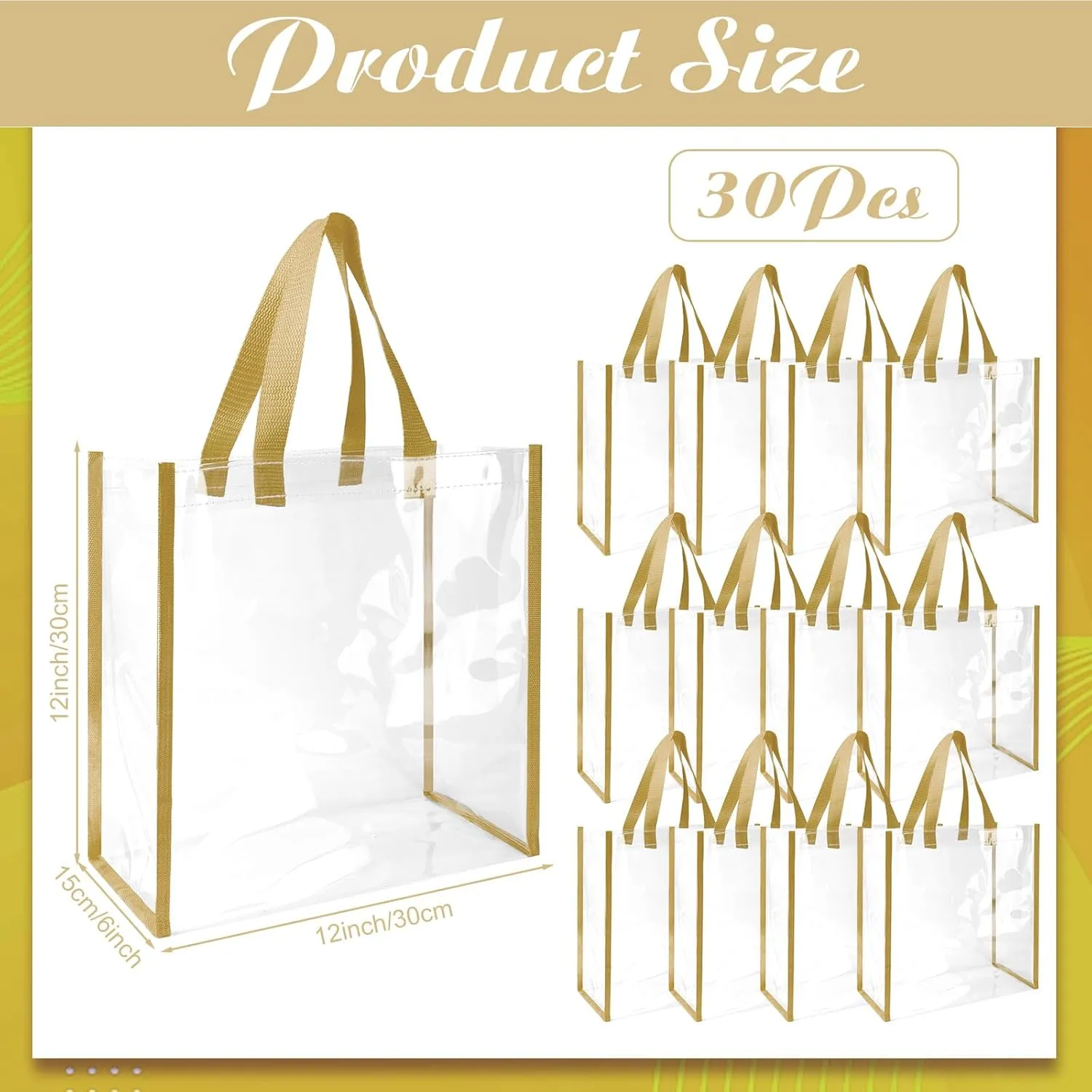 Eccliy 30 Pack 12x12x6 Inch Clear Tote Bag Stadium Approved Bulk Plastic Tote Gift Bag with Handle for Gym Sports Beach