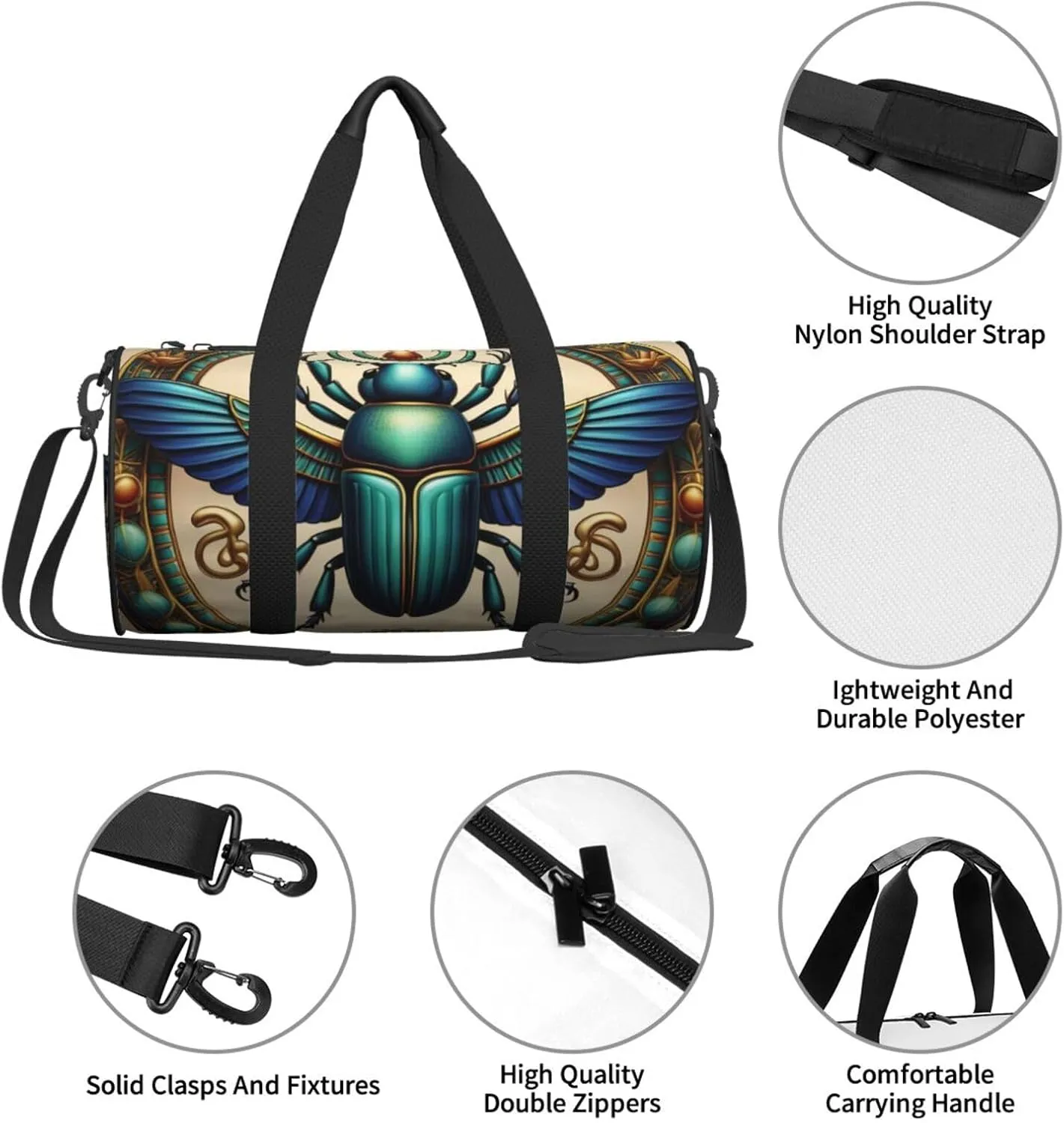 Egyptian Scarab Printed Travel Bag,Round Personal Item Storage bag,Foldie Duffel Bag for Traveling Vacation,Fitness,Sports