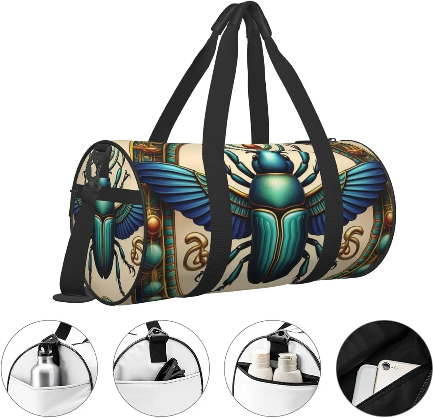 Egyptian Scarab Printed Travel Bag,Round Personal Item Storage bag,Foldie Duffel Bag for Traveling Vacation,Fitness,Sports