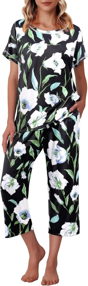 Ekouaer Women's Capri Pajama Sets Floral Print Short Sleeve Sleepwear Top and Capri Pants 2 Piece Loungewear with Pockets