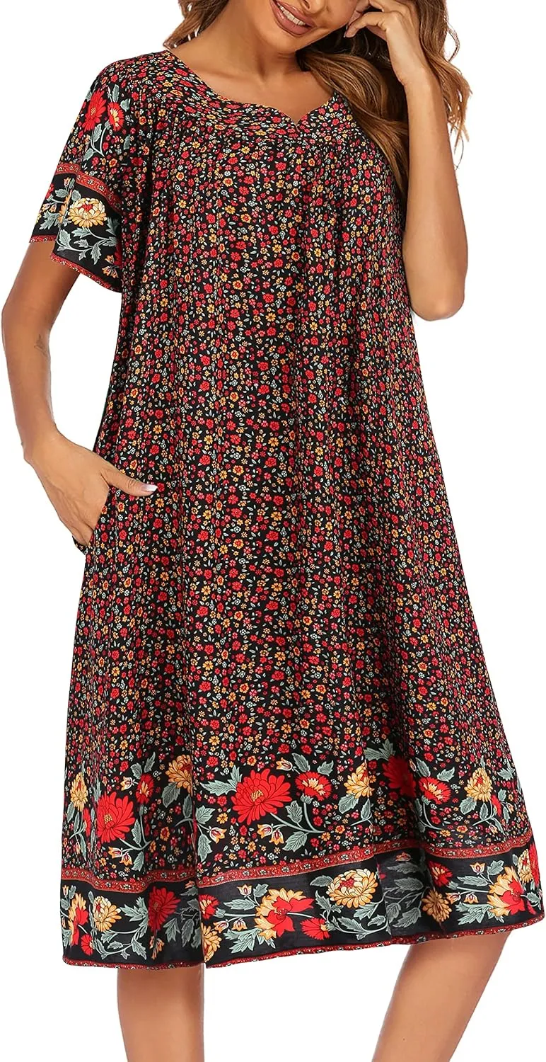 Ekouaer Womens Nightgown Short Sleeve House Dress with Pockets-Floral Print Mumu Dress
