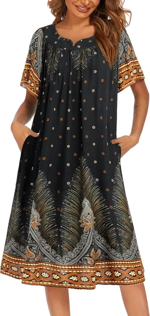 Ekouaer Womens Nightgown Short Sleeve House Dress with Pockets-Floral Print Mumu Dress