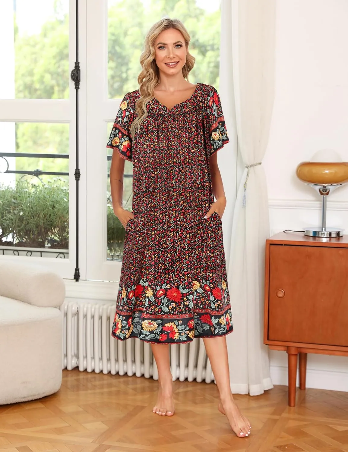 Ekouaer Womens Nightgown Short Sleeve House Dress with Pockets-Floral Print Mumu Dress