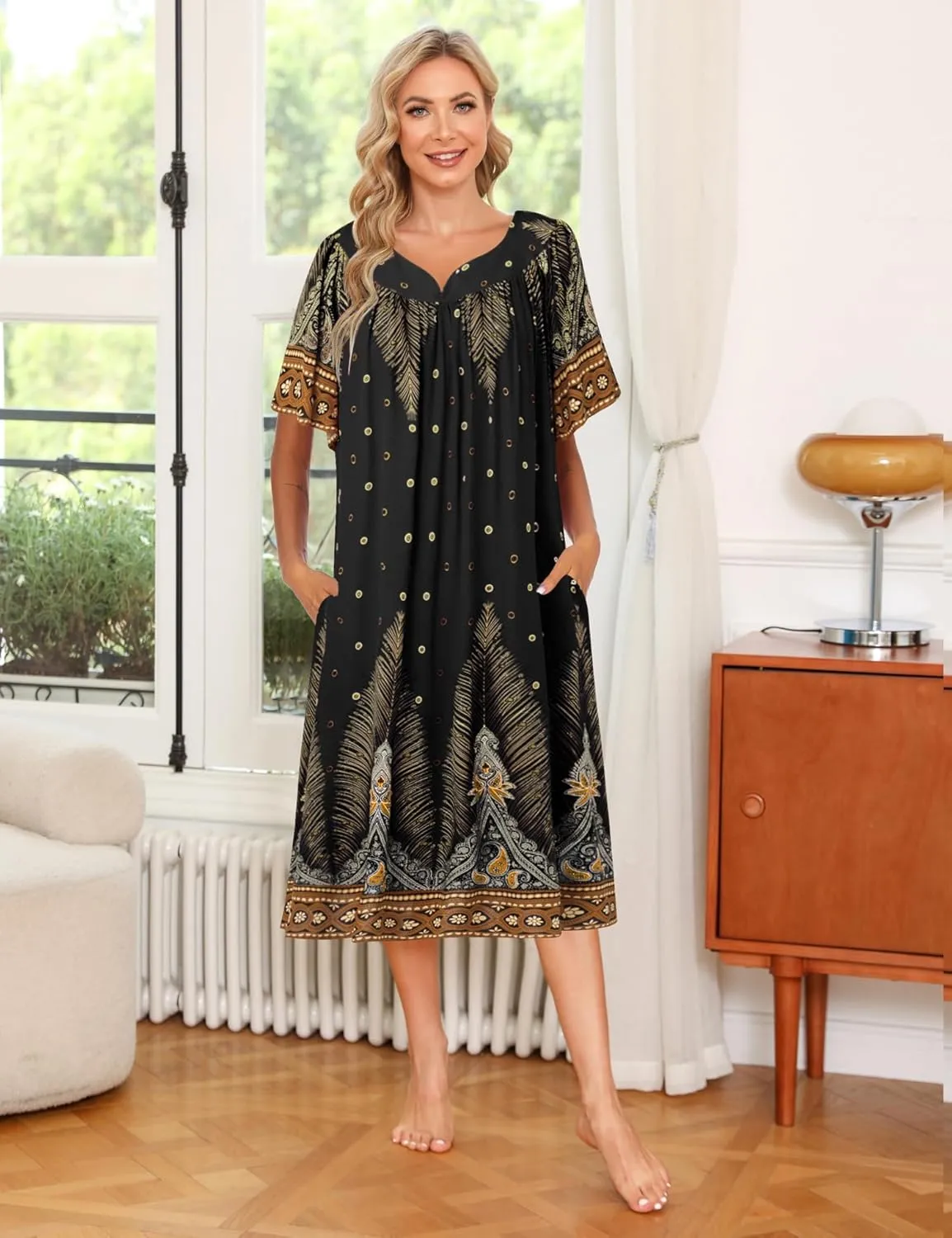 Ekouaer Womens Nightgown Short Sleeve House Dress with Pockets-Floral Print Mumu Dress