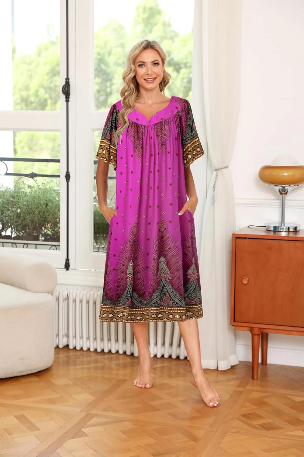 Ekouaer Womens Nightgown Short Sleeve House Dress with Pockets-Floral Print Mumu Dress